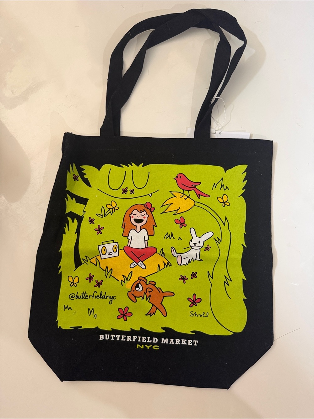 Black Tote Bag with Lime Green Illustration